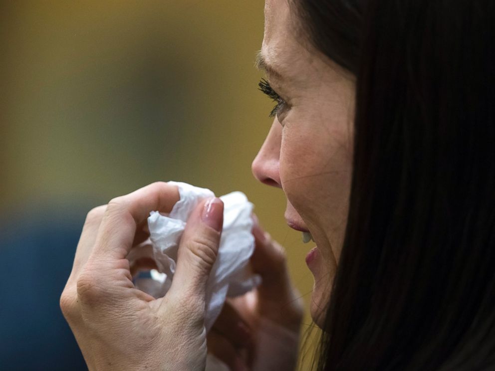 PHOTO: Tanisha Sorenson, a sister of Travis Alexander, reacts during the sentencing of Jodi Arias in Maricopa County Superior Court, April 13, 2015, in Phoenix.