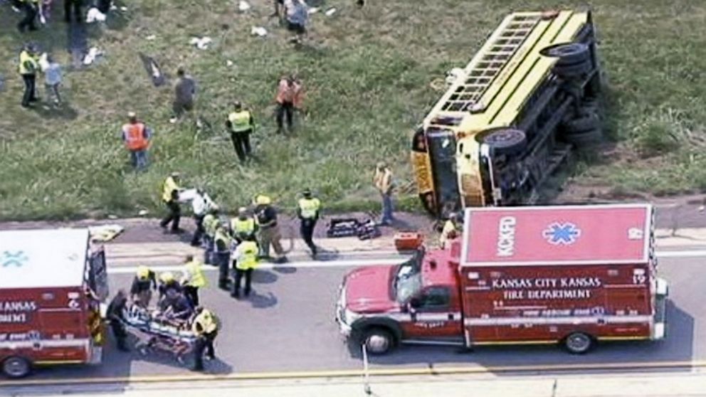 The scene of a school bus crash is shown, Aug. 21, 2013, in Bonner Springs, Kan.