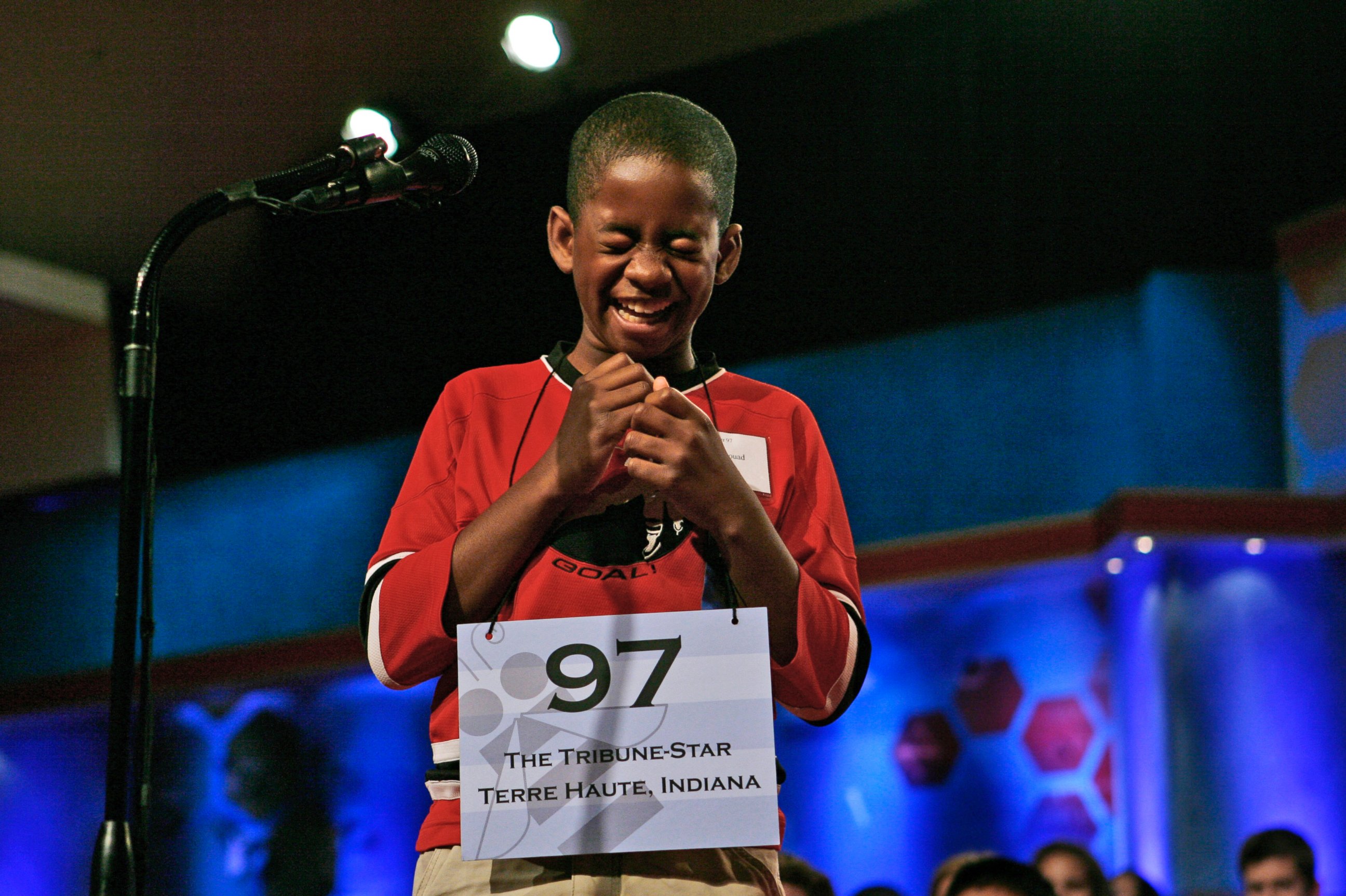 PHOTO: Kennyi Aouad, 11, of Terre Haute, Ind., bursts into laughter when asked to spell the word, "Sardoodledom," in round three of the 2007 Scripps National Spelling Bee in Washington, May 30, 2007.
