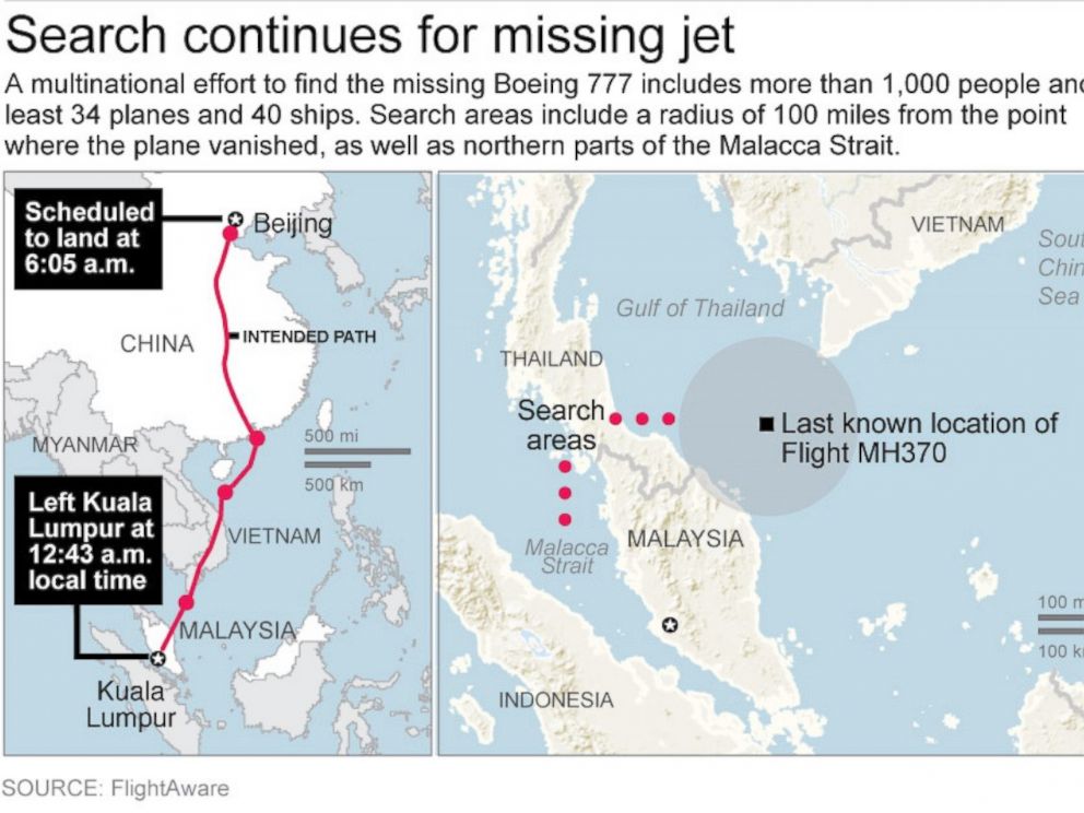 PHOTO: Map shows search areas for the missing Malaysia Airlines flight MH370.