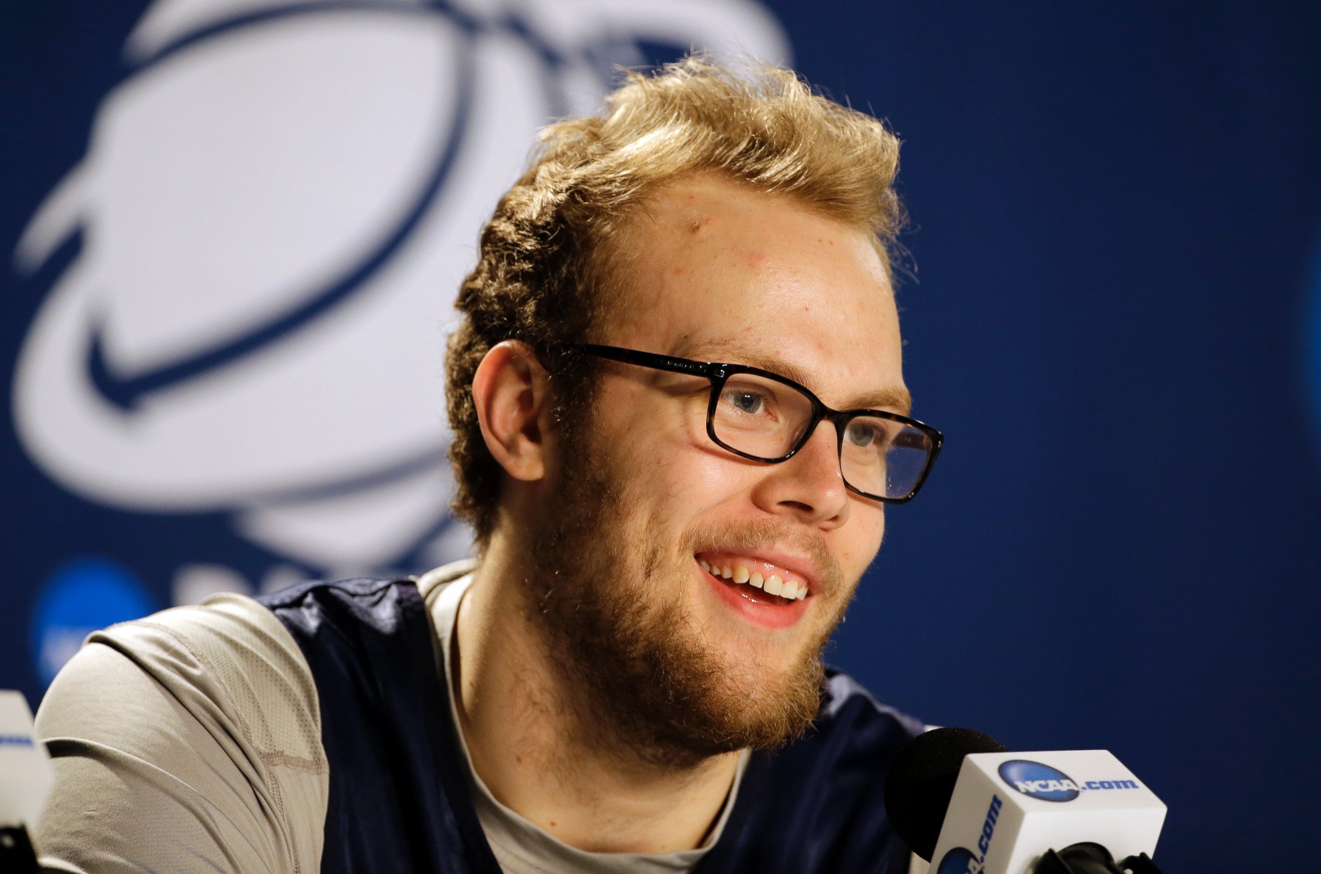 PHOTO: Xavier's Matt Stainbrook smiles during a news conference at the NCAA college basketball tournament, March 20, 2015, in Jacksonville, Fla.