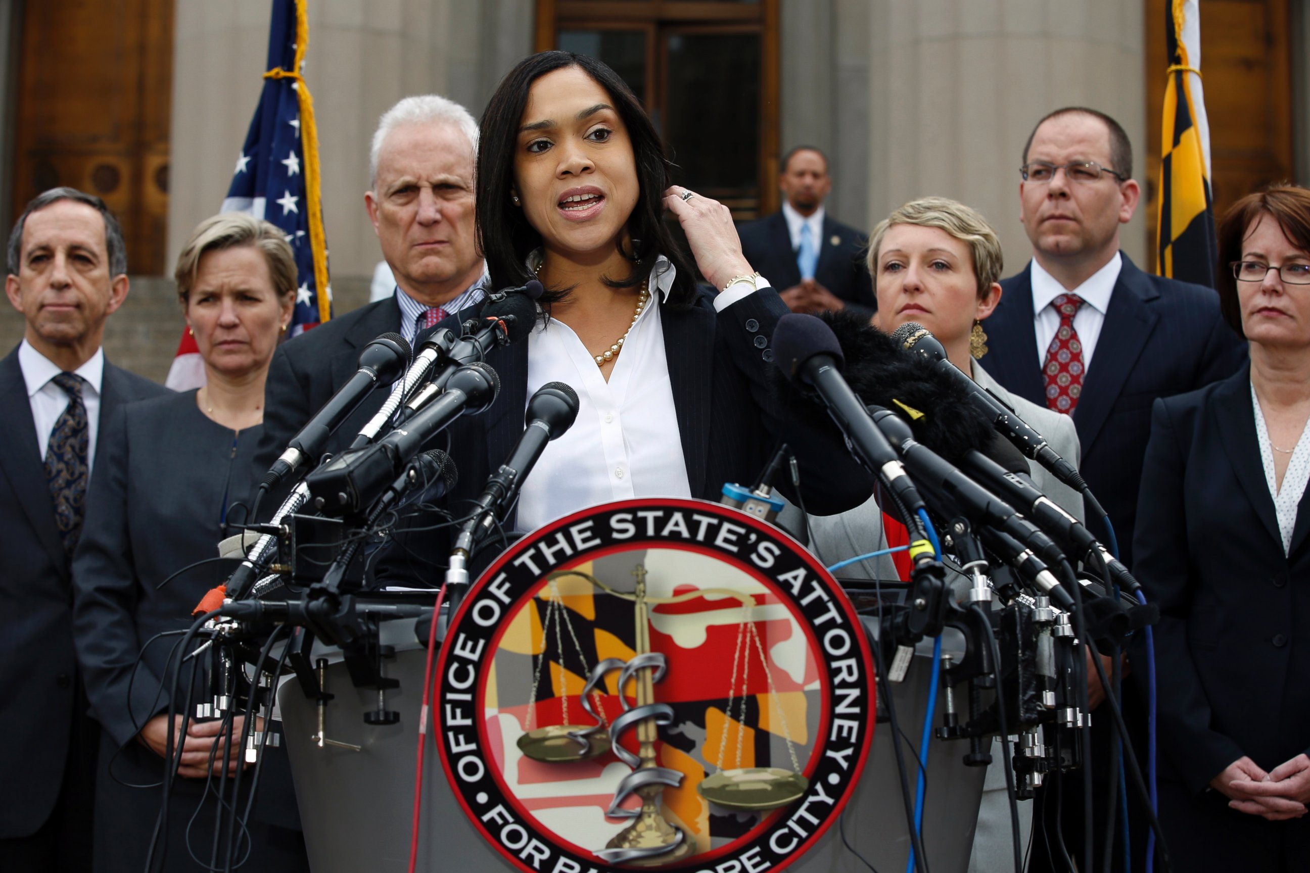 PHOTO: Marilyn Mosby, Baltimore state's attorney, speaks during a media availability, Friday, May 1, 2015 in Baltimore. 