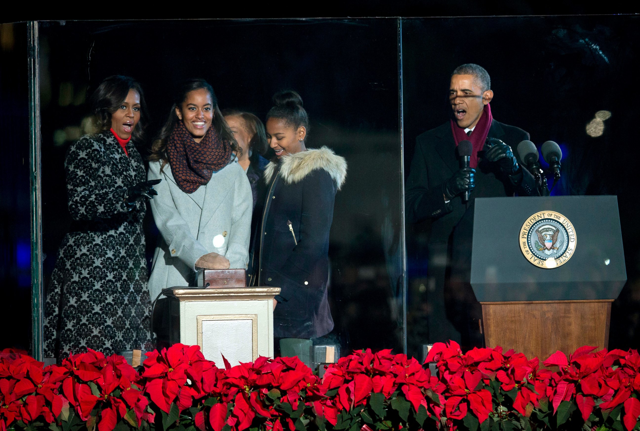 PHOTO: The Obamas light the 2014 National Christmas Tree during the National Christmas Tree lighting ceremony at the Ellipse near the White House in Washington, Dec. 4, 2014. 