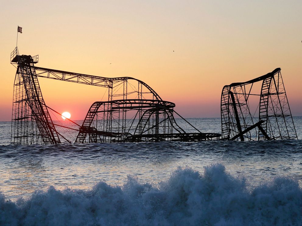 PHOTO: A Seaside, NJ, roller coaster landed in the ocean after superstorm Sandy.