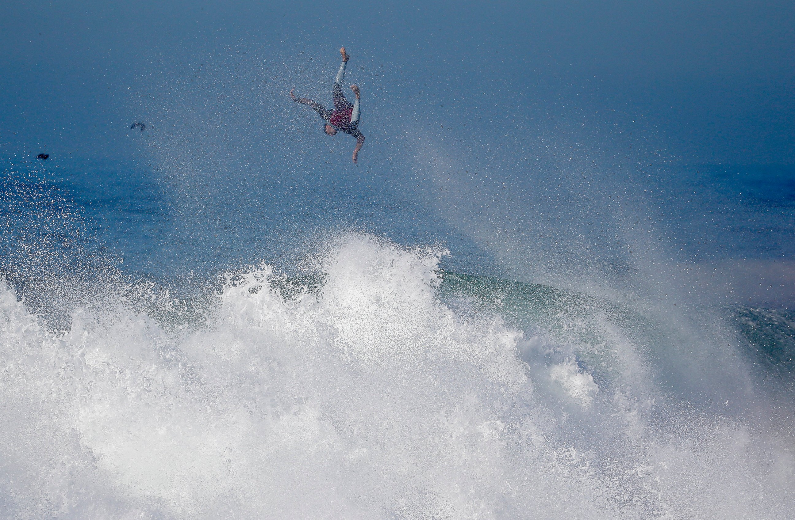 PHOTO: A surfer flies off a wave at the wedge in Newport Beach, Calif., Aug. 27, 2014. 