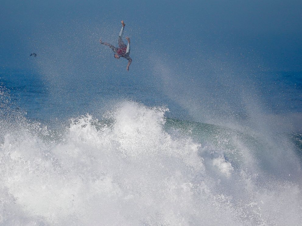 PHOTO: A surfer flies off a wave at the wedge in Newport Beach, Calif., Aug. 27, 2014.