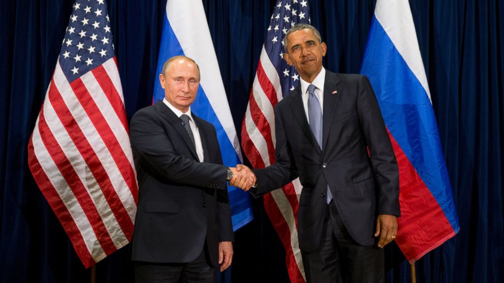 President Barack Obama, right, and Russia's President Vladimir Putin pose for members of the media before a bilateral meeting Monday, Sept. 28, 2015, at United Nations headquarters. 