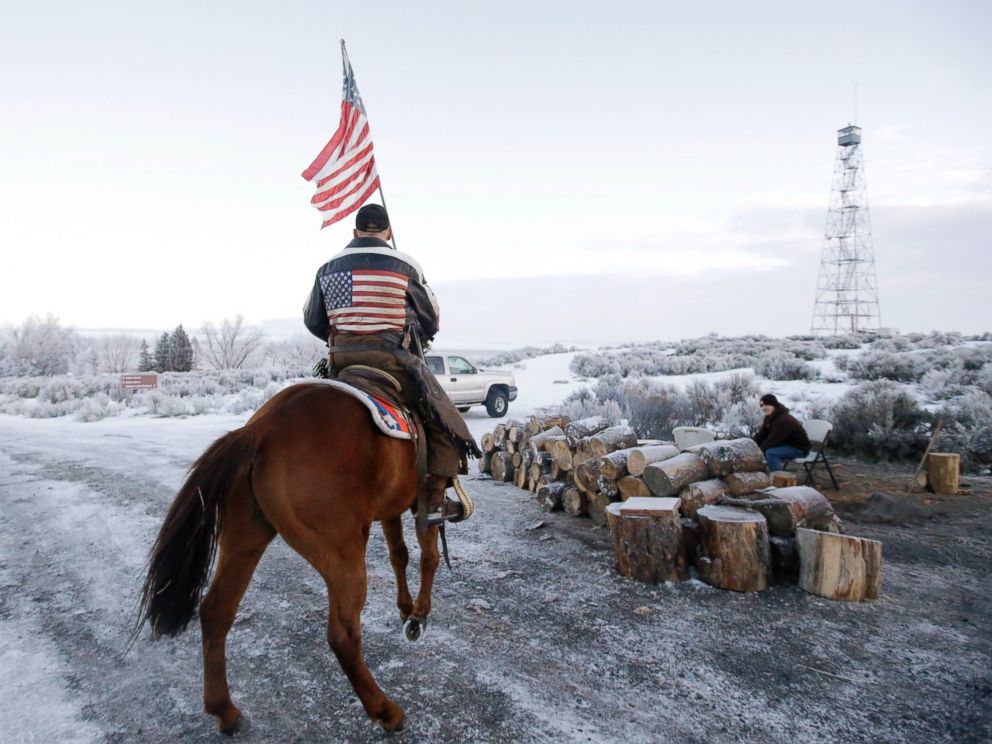 PHOTO: Cowboy Dwane Ehmer, of Irrigon Ore., a supporter of the group occupying the Malheur National Wildlife Refuge, rides his horse at Malheur National Wildlife Refuge Friday, Jan. 8, 2016, near Burns, Ore.