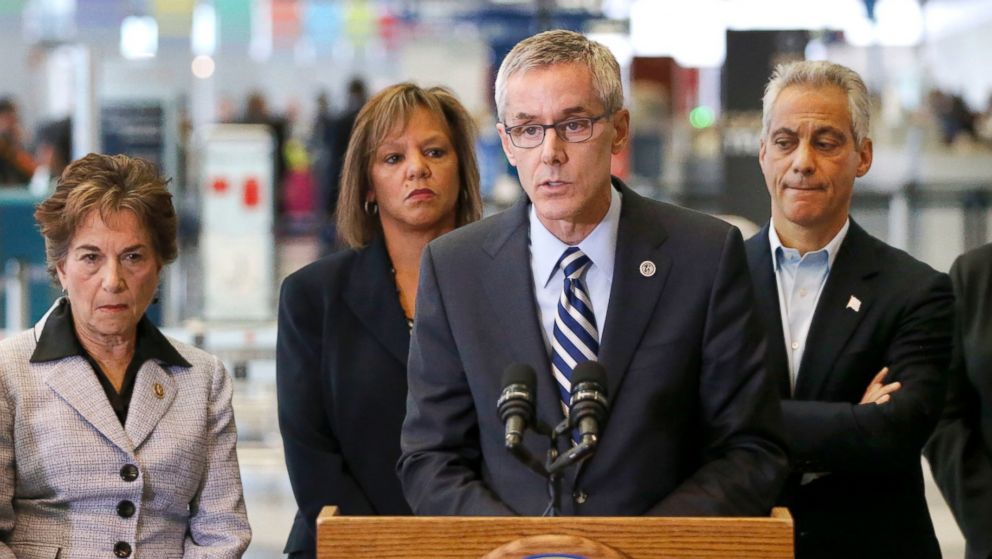 Transportation Security Administration chief Peter Neffenger responds to a question at O'Hare International Airport on the massive delays at airport security lines, May 20, 2016, in Chicago.