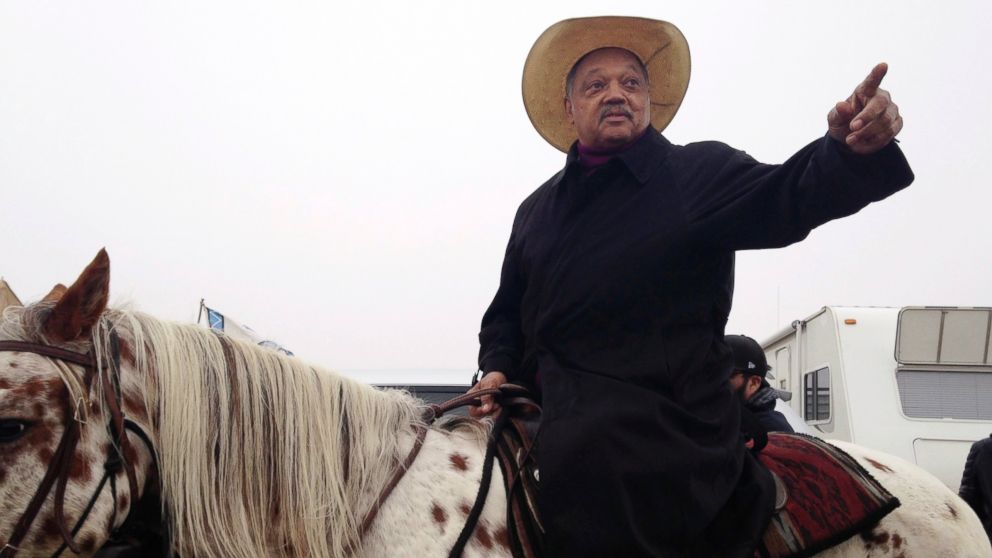 PHOTO: Civil rights activist Jesse Jackson sits atop a horse, Oct. 26, 2016, while visiting the protest camp against the Dakota Access oil pipeline outside Cannon Ball, North Dakota.
