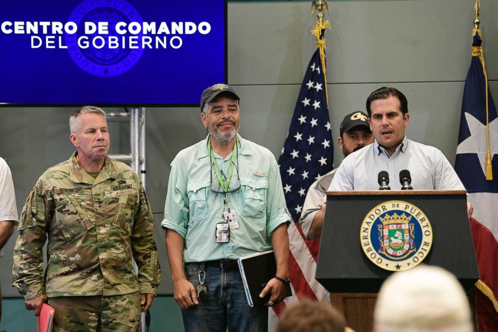 PHOTO: Lt. Gen. Todd Semonite of the U.S. Army Corps of Engineers (left), the now-former executive director of the Puerto Rico Electric Power Authority Ricardo Ramos, and Puerto Rico Gov. Ricardo Rossello in San Juan, Puerto Rico, on Sept. 30, 2017.