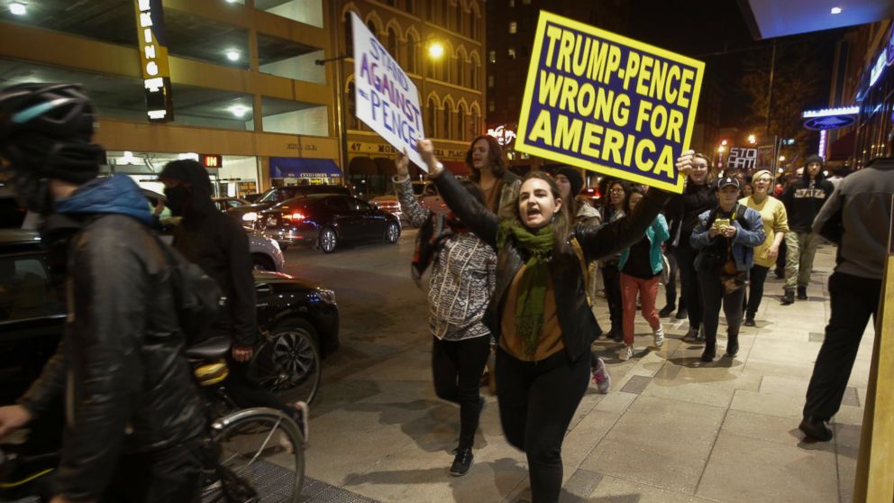 PHOTO: Demonstrators march following a protest against President-elect Donald Trump in downtown Indianapolis on Saturday, Nov. 12, 2016.