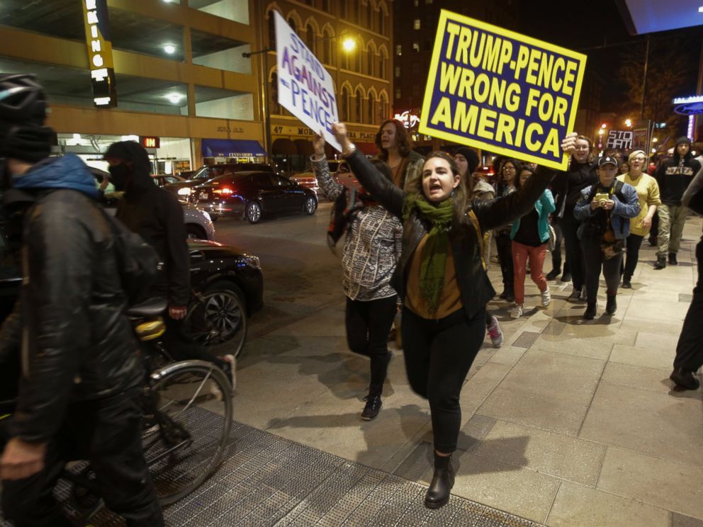 PHOTO: Demonstrators march following a protest against President-elect Donald Trump in downtown Indianapolis on Saturday, Nov. 12, 2016.