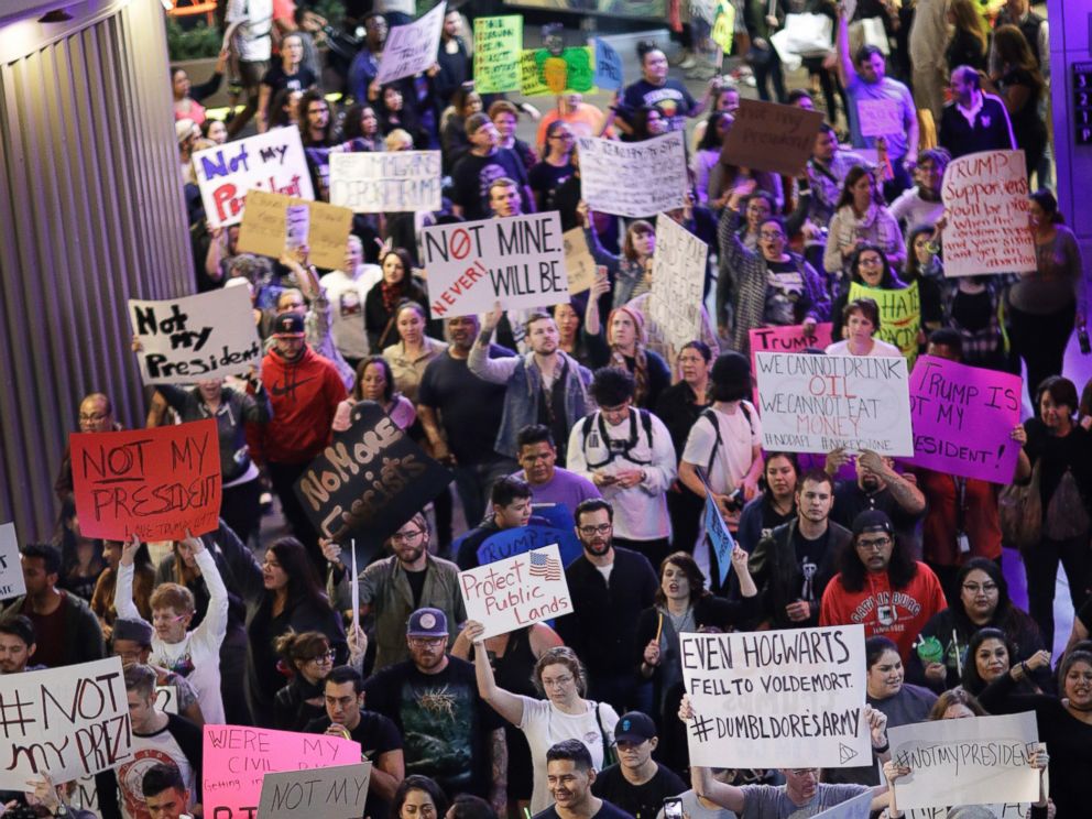 PHOTO: Protesters against President-elect Donald Trump march along the Las Vegas Strip, Saturday, Nov. 12, 2016, in Las Vegas.