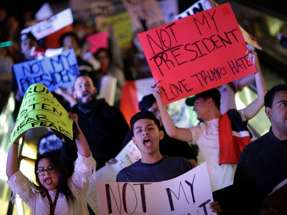 PHOTO: Protesters demonstrate in opposition to the election of President-elect, Donald Trump, as they march along the Las Vegas Strip, Saturday, Nov. 12, 2016, in Las Vegas.