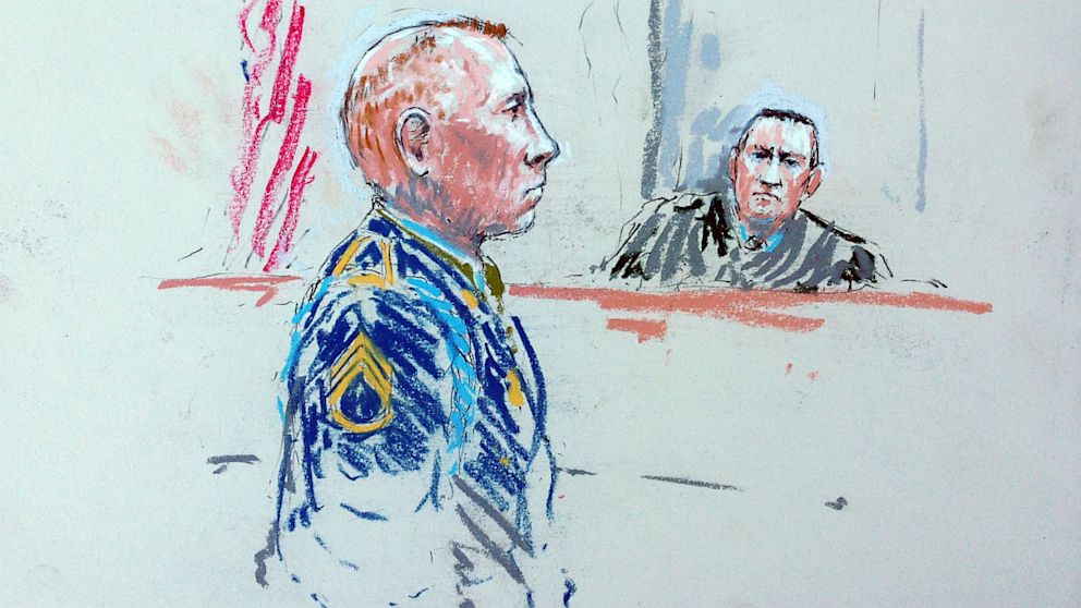 In this courtroom sketch, Staff Sgt. Robert Bales, left, appears before Judge Col. Jeffery Nance in a courtroom at Joint Base Lewis-McChord, Wash., Aug. 20, 2013, during a sentencing hearing in the slayings of 16 civilians killed during pre-dawn raids on two villages on March 11, 2012.