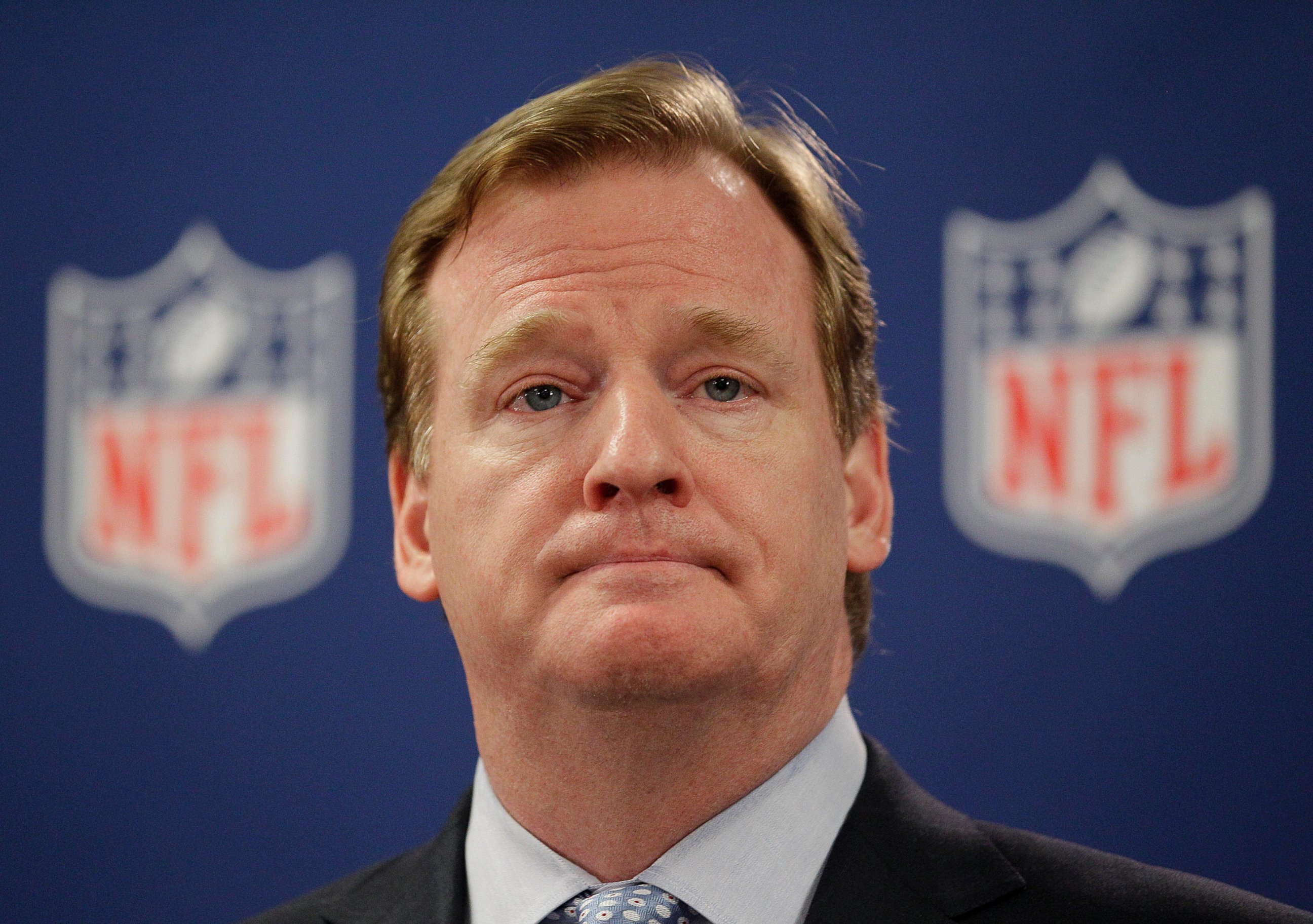 PHOTO: NFL Commissioner Roger Goodell pauses during a new conference in Atlanta on May 22, 2012.