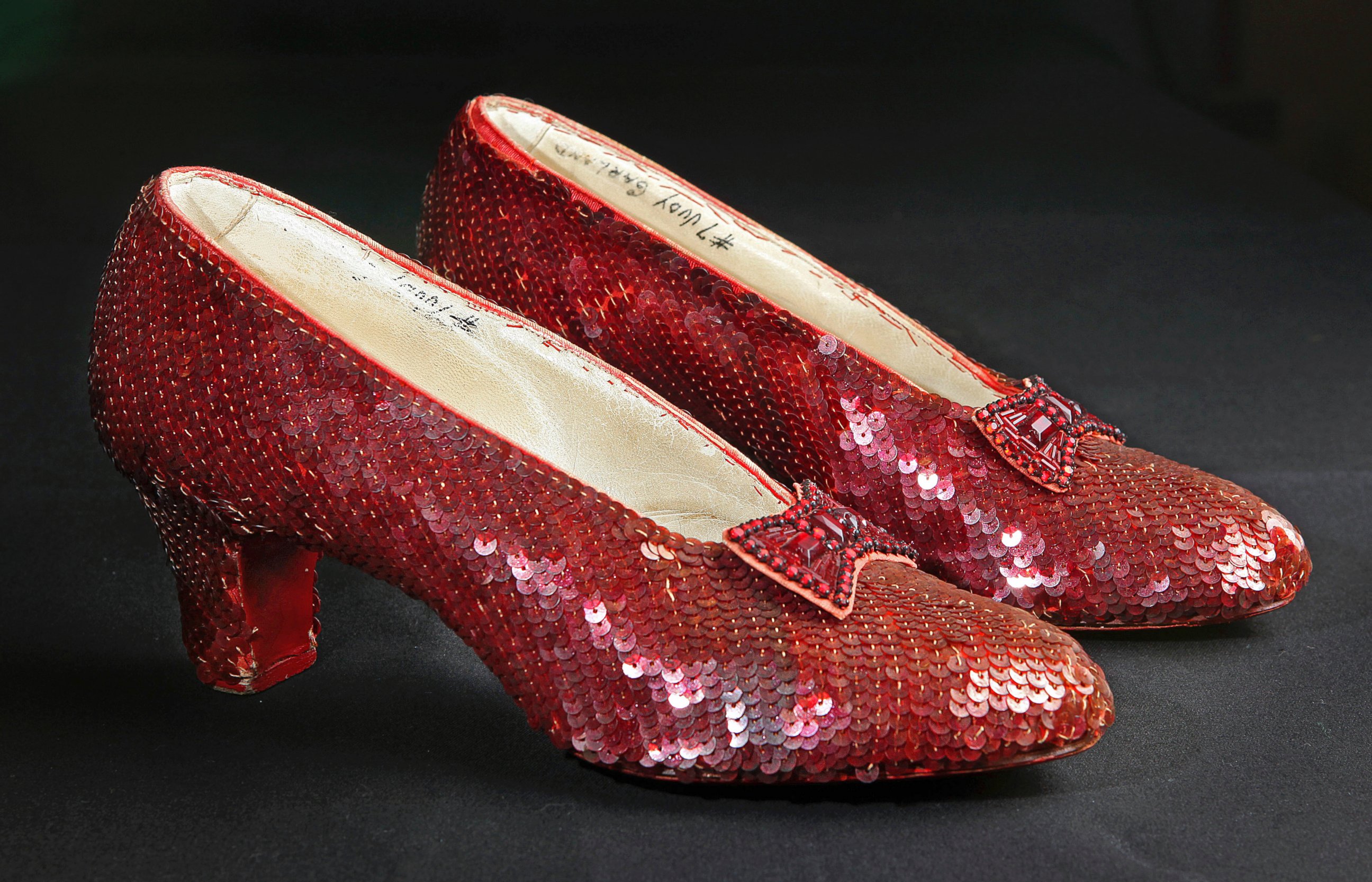 PHOTO: The sequin-covered ruby slippers worn by Judy Garland in "The Wizard of Oz" are pictured at the offices of Profiles in History in Calabasas, Calif., Nov. 9, 2001.