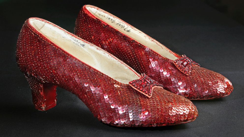 PHOTO: The sequin-covered ruby slippers worn by Judy Garland in "The Wizard of Oz" are pictured at the offices of Profiles in History in Calabasas, Calif., Nov. 9, 2001.