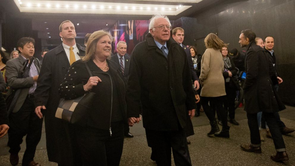 PHOTO: Democratic presidential candidate, Sen. Bernie Sanders, I-Vt., and wife Jane walk in Times Square on their way to see the Broadway show Hamilton, Friday, April 8, 2016, in New York. 