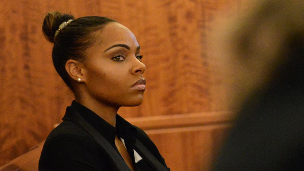 Shayanna Jenkins, the fiancee of former New England Patriots football player Aaron Hernandez, listens during his murder trial at Bristol County Superior Court, Feb. 5, 2015, in Fall River, Mass. Hernandez is accused of the June 2013 killing of Odin Lloyd.  