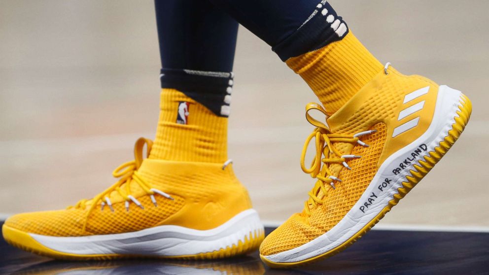 PHOTO: Utah Jazz guard Donovan Mitchell wears a shoe with "Pray for Parkland" written on it, during the second half of the team's NBA basketball game against the Phoenix Suns on Wednesday, Feb. 14, 2018, in Salt Lake City. 