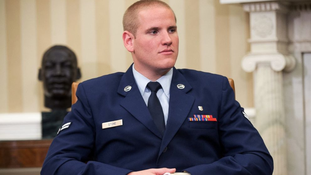 PHOTO: In this Sept. 17, 2015 file photo, Air Force Airman 1st Class Spencer Stone sits in the Oval Office of the White House during a meeting with President Barack Obama in Washington.  