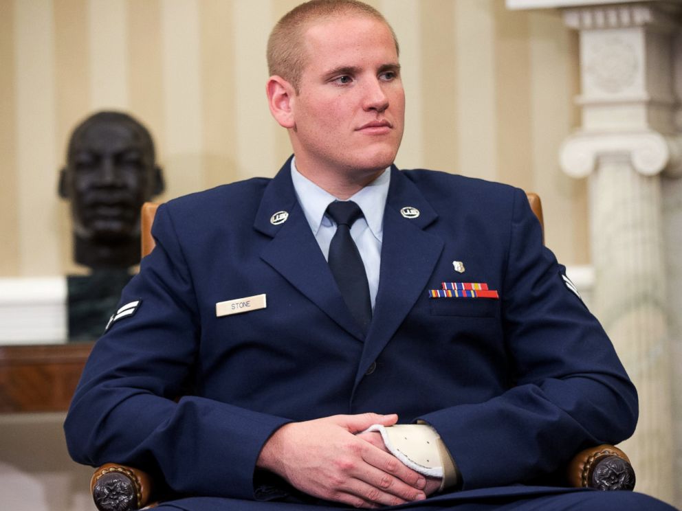 PHOTO: In this Sept. 17, 2015 file photo, Air Force Airman 1st Class Spencer Stone sits in the Oval Office of the White House during a meeting with President Barack Obama in Washington.