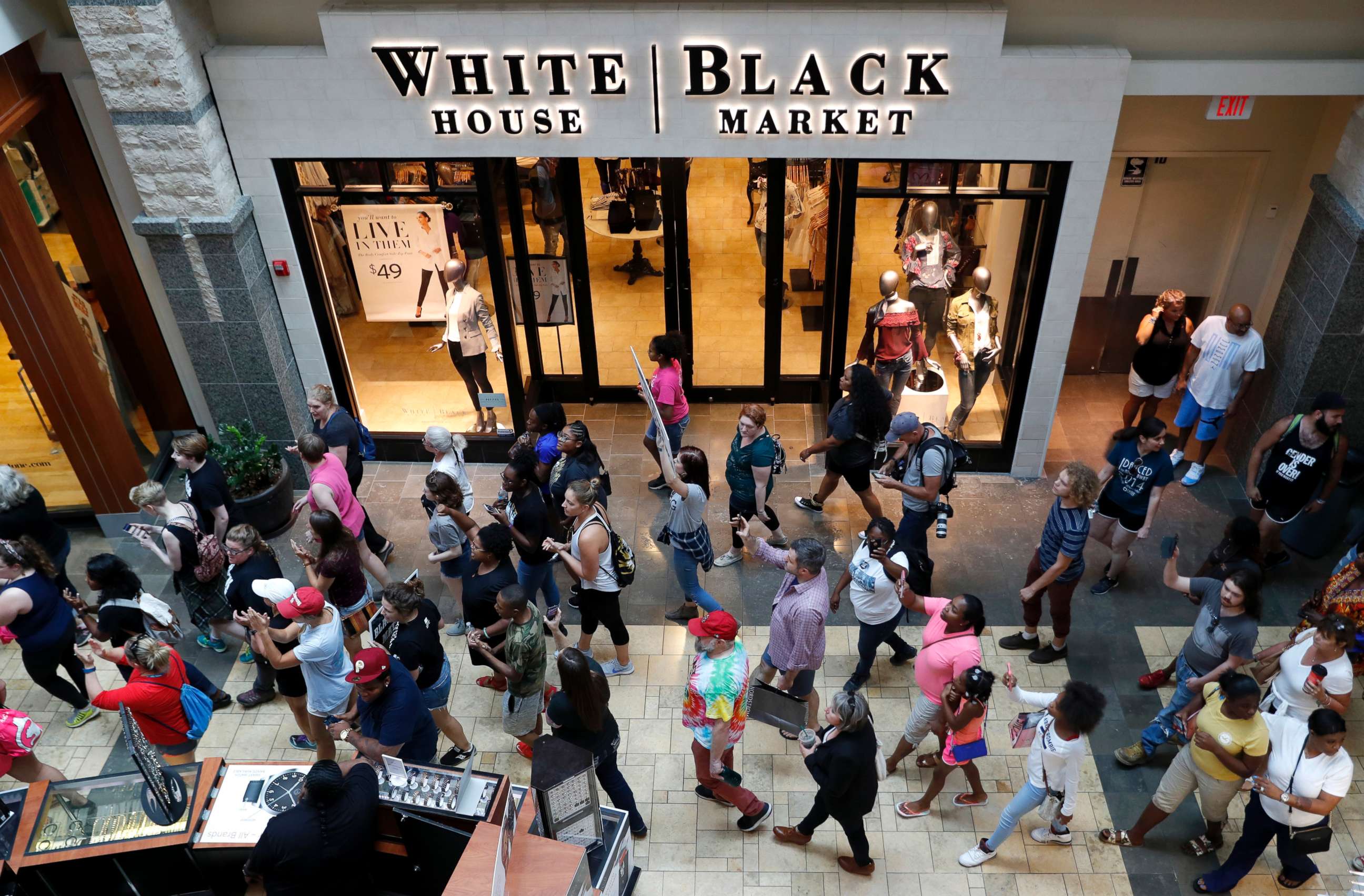 PHOTO: Protesters march through West County Mall in response to a not guilty verdict in the trial of former St. Louis police officer Jason Stockley Saturday, Sept. 16, 2017, in Des Peres, Mo.