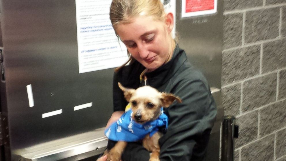 PHOTO: Karisa Lambert, 14, reacts as she is reunited with her stolen Yorkshire terrier 'Sam,' at Louis Armstrong New Orleans International Airport in Kenner, La., April 29, 2015.