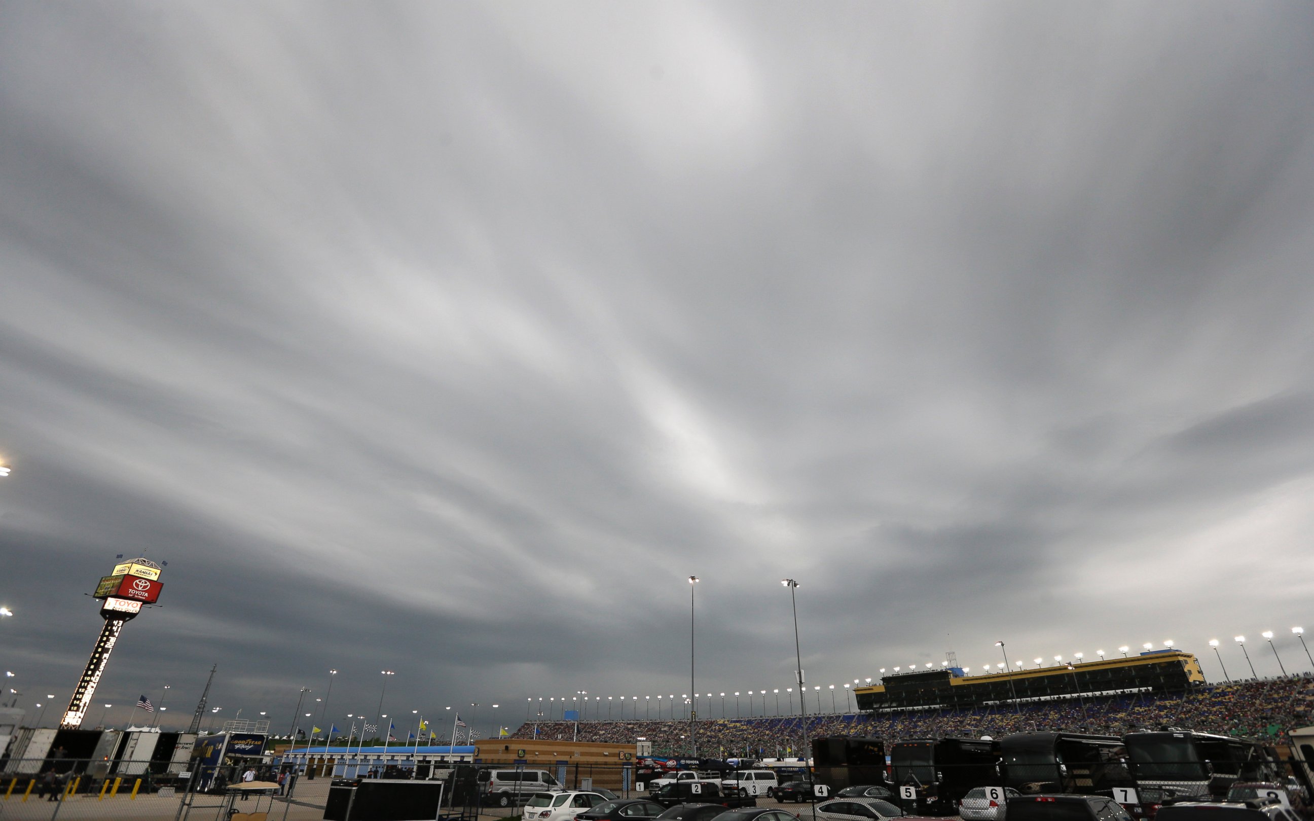 PHOTO: Storms clouds begin to move over Kansas Speedway during a Sprint Cup Series auto race at in Kansas City, Kan., Saturday, May 9, 2015.