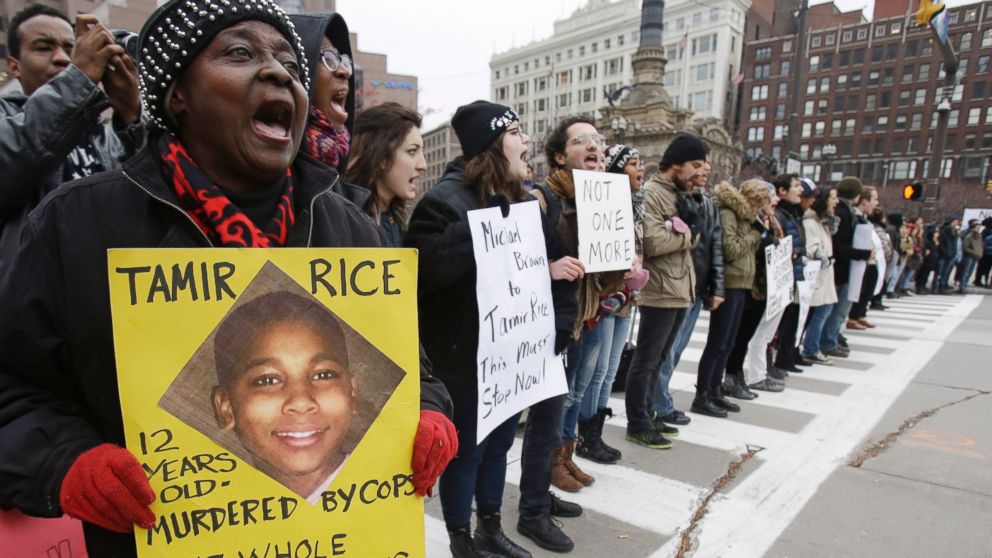 Demonstrators block Public Square during a protest over the weekend police shooting of Tamir Rice in Cleveland, Nov. 25, 2014.