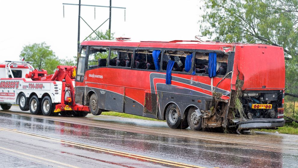 A damaged OGA Charters bus is hauled away after a fatal rollover on Saturday, May 14, 2016, south of the Dimmit-Webb County line on U.S. 83 North in Texas. A damaged OGA Charters bus is hauled away after a fatal rollover on Saturday, May 14, 2016, south of the Dimmit-Webb County line on U.S. 83 North in Texas.
