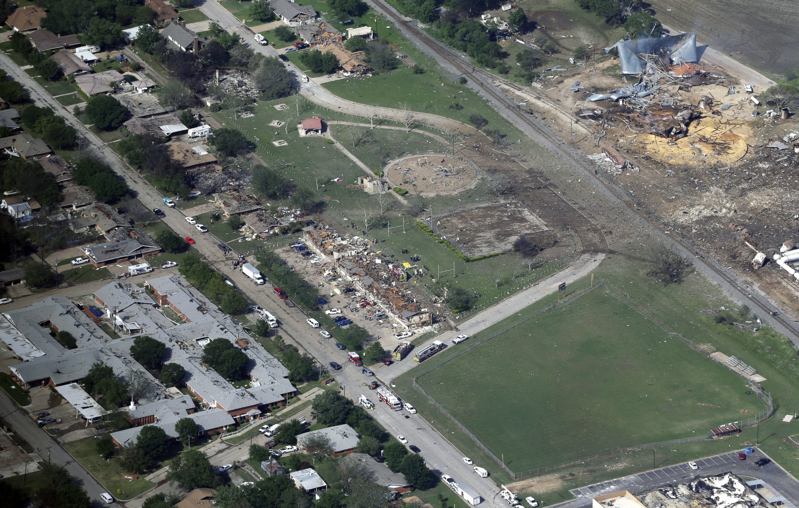 PHOTO: An April 18, 2013 aerial photo shows the remains of a nursing home, left, apartment complex, center, and fertilizer plant, right, destroyed by an explosion at a fertilizer plant in West, Texas.