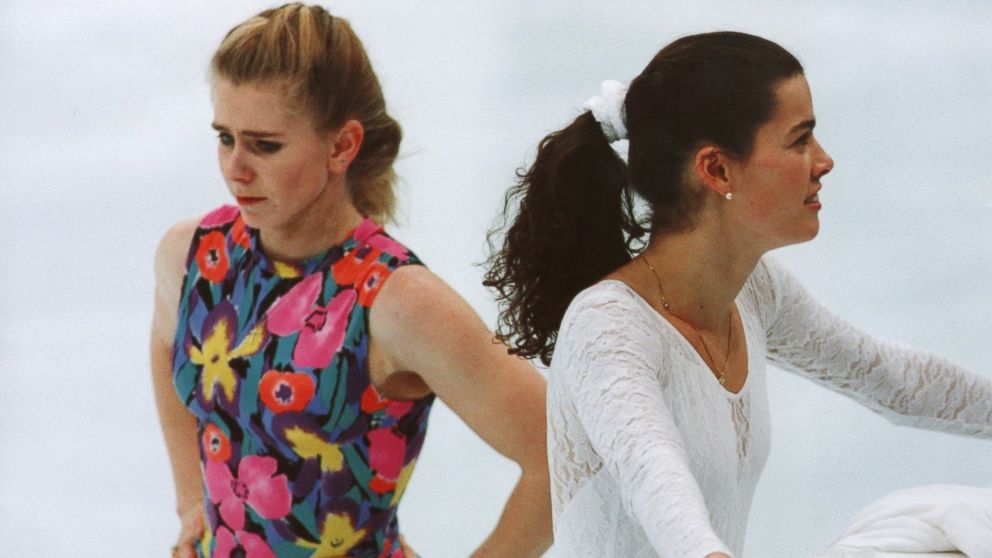 Tonya Harding and Nancy Kerrigan take a break during the training for the 1994 Winter Olympics in Lillehammer, Norway on Feb. 17, 1994.