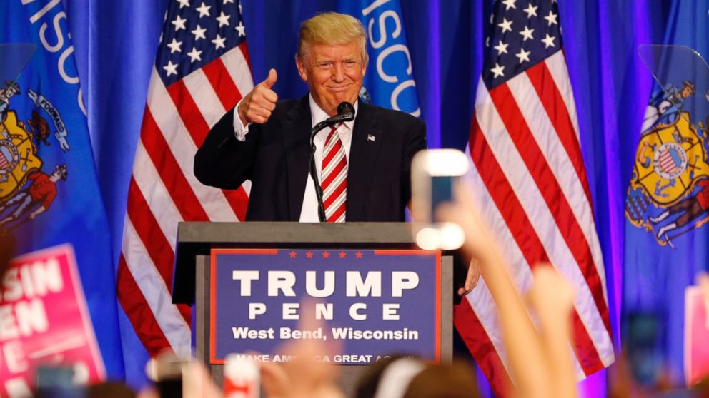 Republican presidential candidate Donald Trump speaks at a campaign rally in West Bend, Wis., Tuesday, Aug. 16, 2016. 