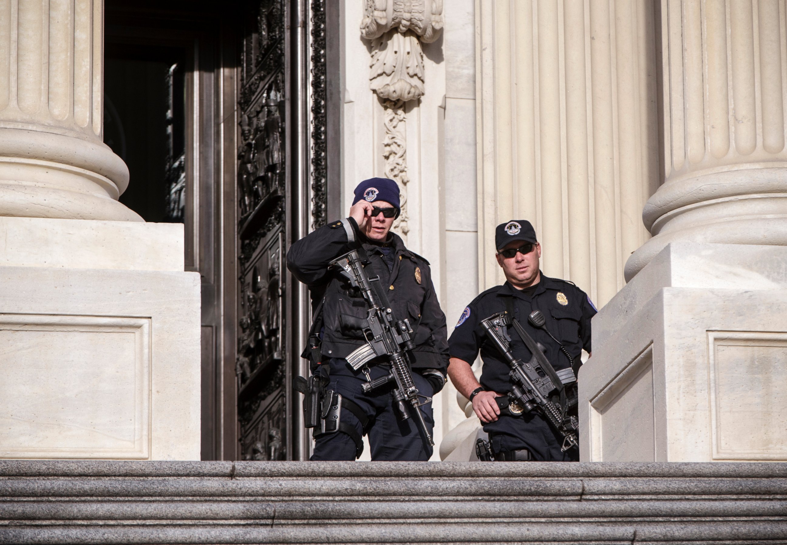 PHOTO: U.S. Capitol Police officers stand guard outside at the entrance to the House of Representatives on Capitol Hill in Washington, March 22, 2016.