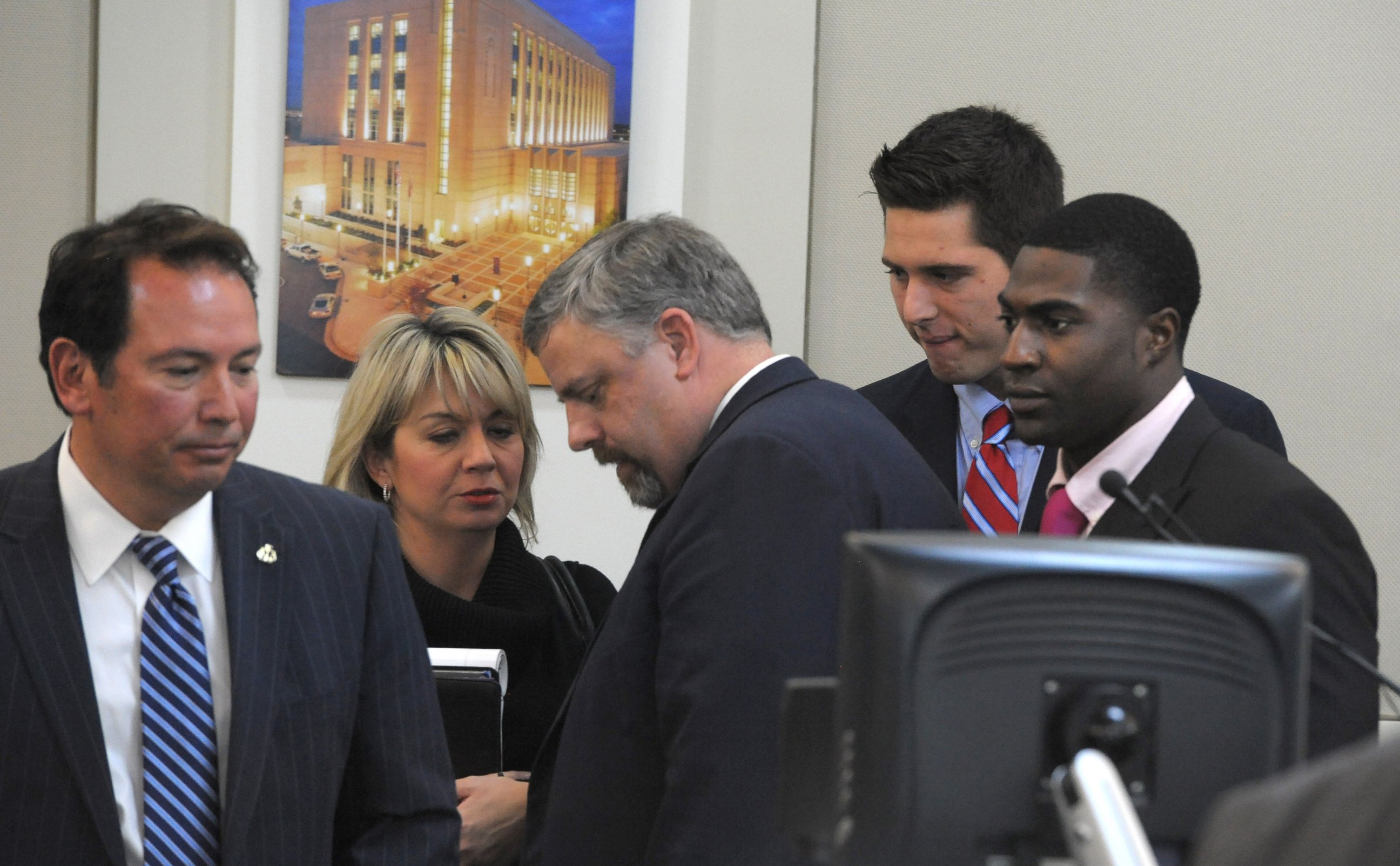 PHOTO: The defense gatherers after the jury was read the charges against Brandon Vandenburg and Cory Batey on  Jan. 27, 2015 in Nashville, Tenn. 