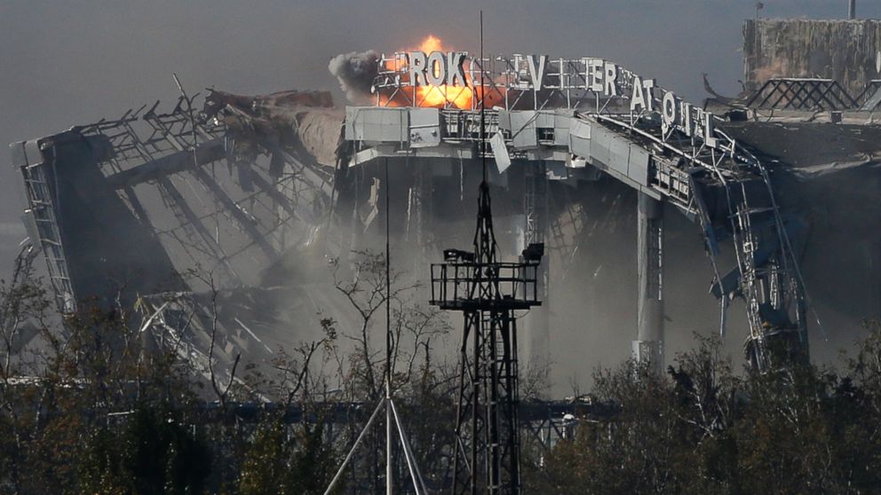 The main terminal of Donetsk Sergey Prokofiev International Airport hit by shelling during fighting between pro-Russian rebels and Ukrainian government forces in the town of Donetsk, eastern Ukraine, Oct. 8, 2014. 