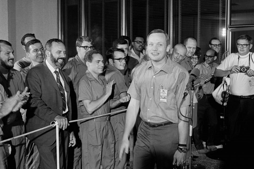 PHOTO: In this file photo, Neil Armstrong cracks a smile as he leaves the Lunar Receiving Laboratory on his way home for the first time in a month.