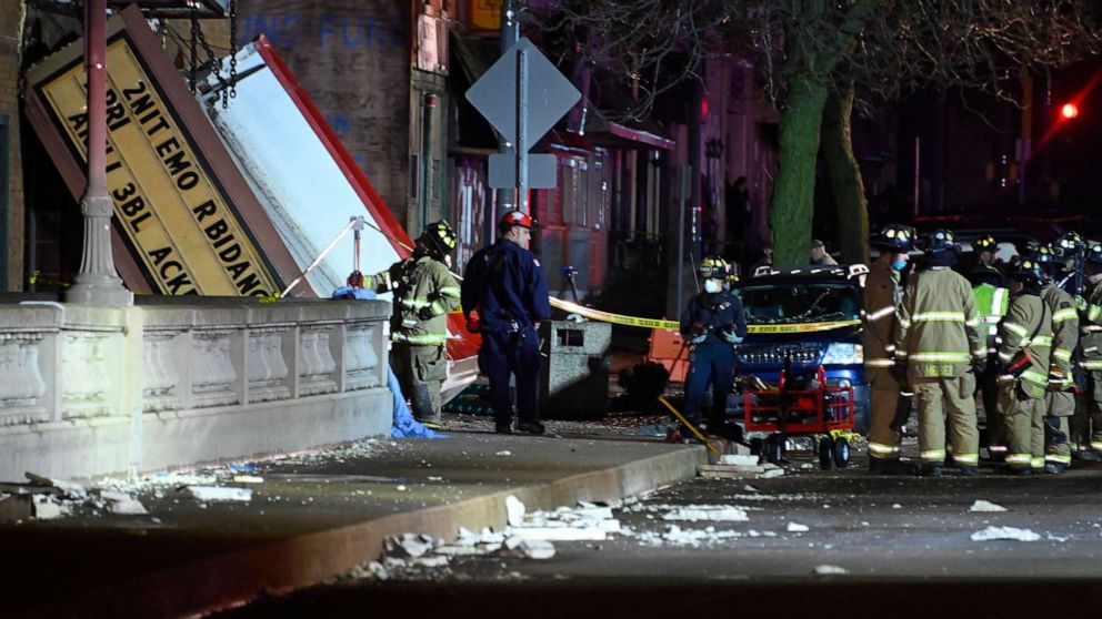 PHOTO: Authorities work the scene at the Apollo Theatre after a severe spring storm caused damage and injuries during a concert, on March 31, 2023, in Belvidere, Ill.