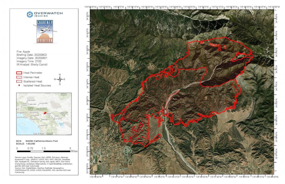 PHOTO: A map of the Apple Fire, released by the U.S. Forest Service Sunday morning.
