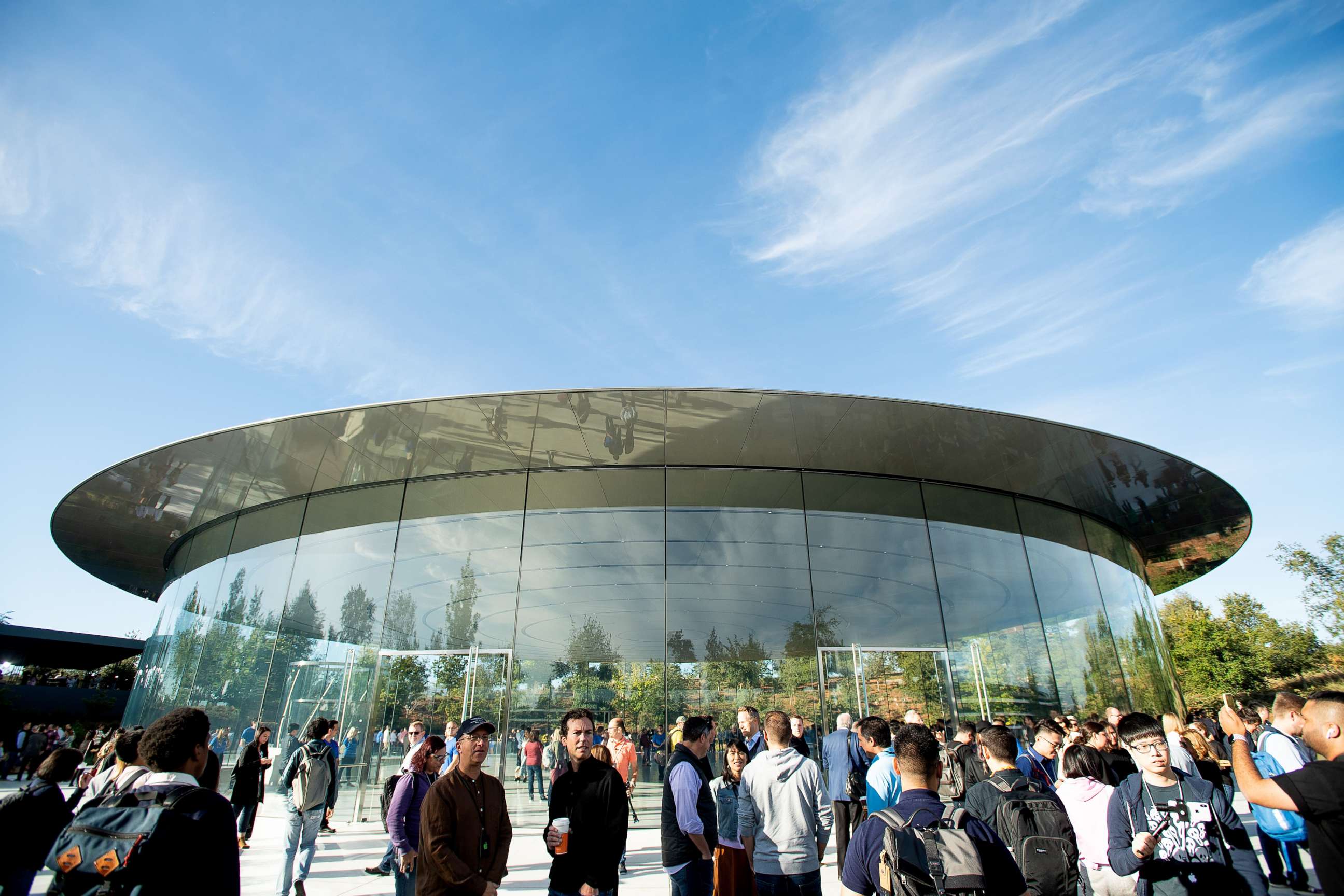 PHOTO: Attendees gather for a product launch event at Apple's Steve Jobs Theater, Sept. 12, 2018, in Cupertino, California.