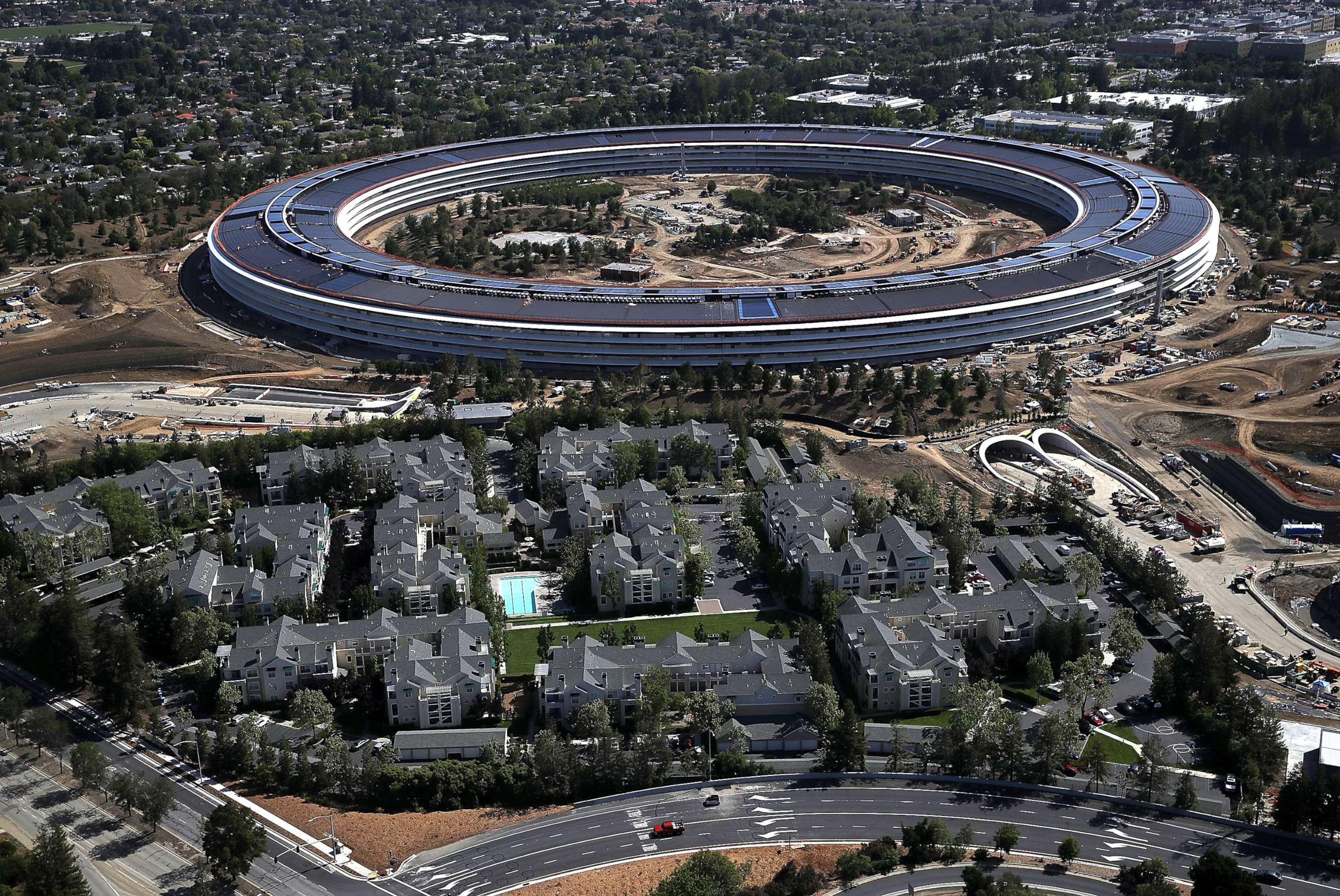 PHOTO: An aerial view of the new Apple headquarters, April 28, 2017, in Cupertino, Calif. Apple's new 175-acre 'spaceship' campus dubbed "Apple Park" is nearing completion and is set to begin moving in Apple employees. 