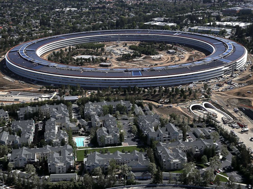 PHOTO: An aerial view of the new Apple headquarters, April 28, 2017, in Cupertino, Calif. Apples new 175-acre spaceship campus dubbed Apple Park is nearing completion and is set to begin moving in Apple employees.