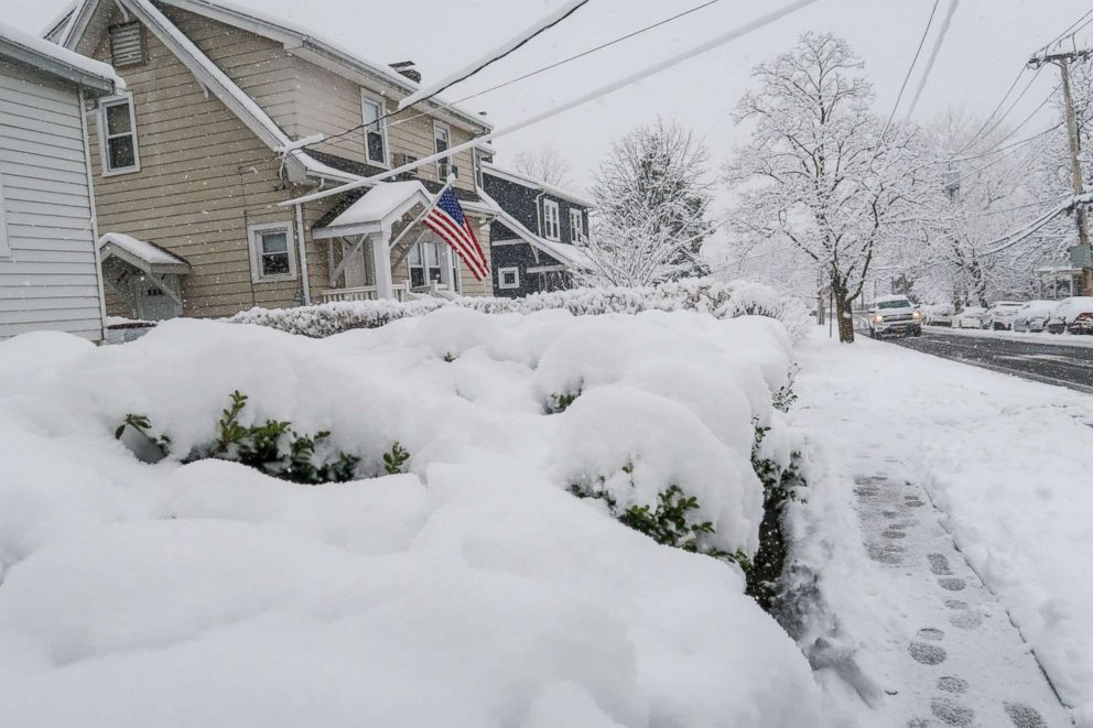 PHOTO: Villard Ave in Hastings on Hudson, NY, has gotten at least 6 inches of snow during snowstorm that has hit the northeast, April 2, 2018.