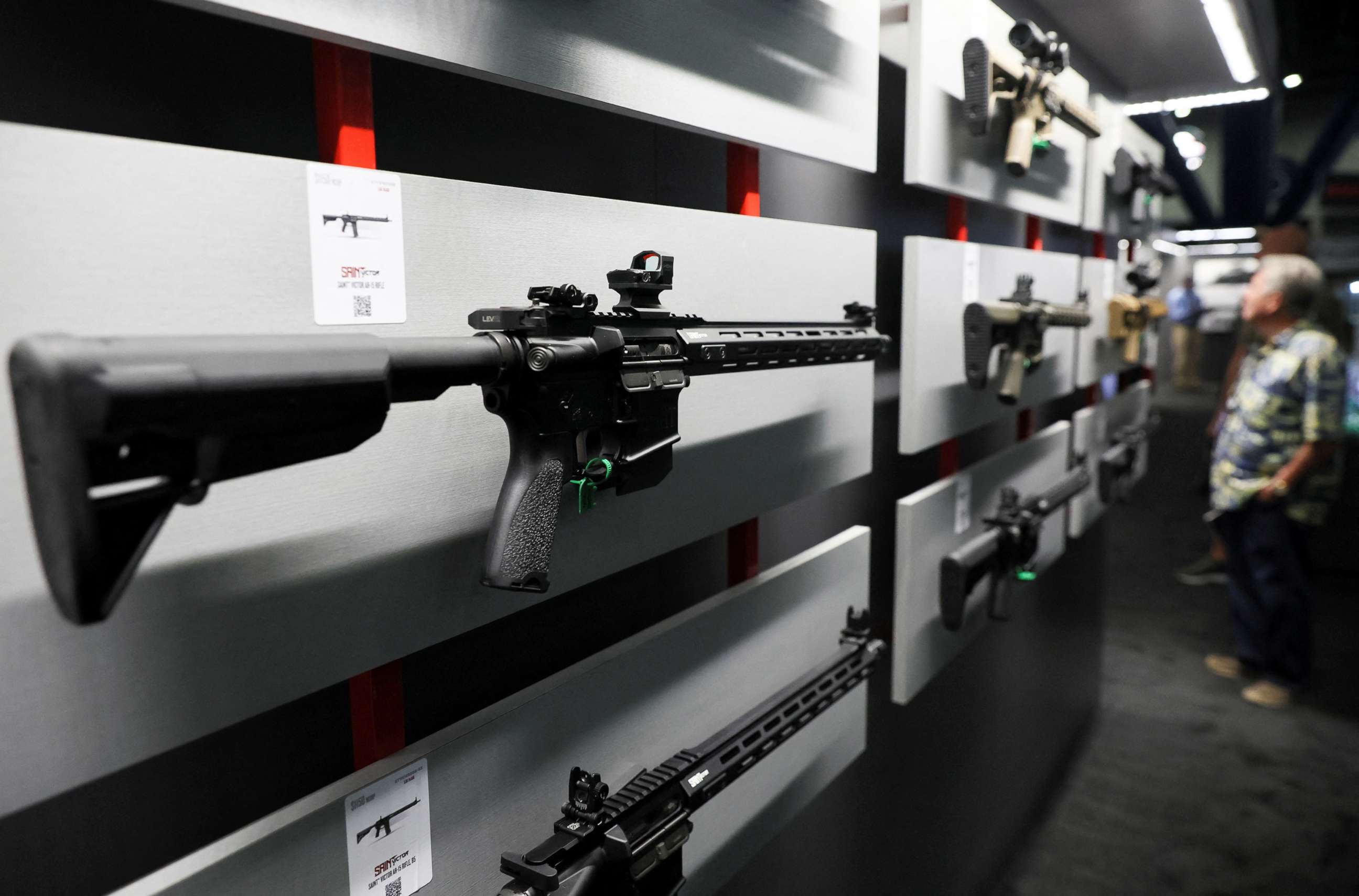 PHOTO: An AR-15 Rifle is displayed during the National Rifle Association annual convention in Houston, on May 27, 2022. 
