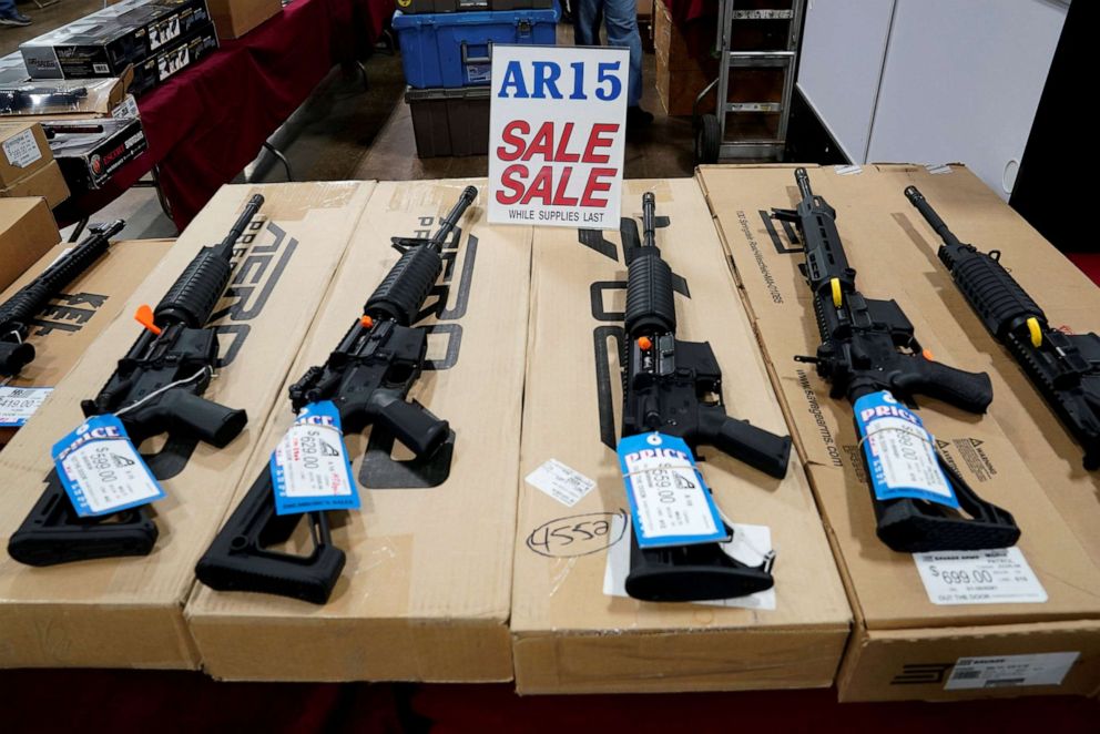 PHOTO: AR-15 rifles are displayed for sale at the Guntoberfest gun show in Oaks, Pa., Oct. 6, 2017.