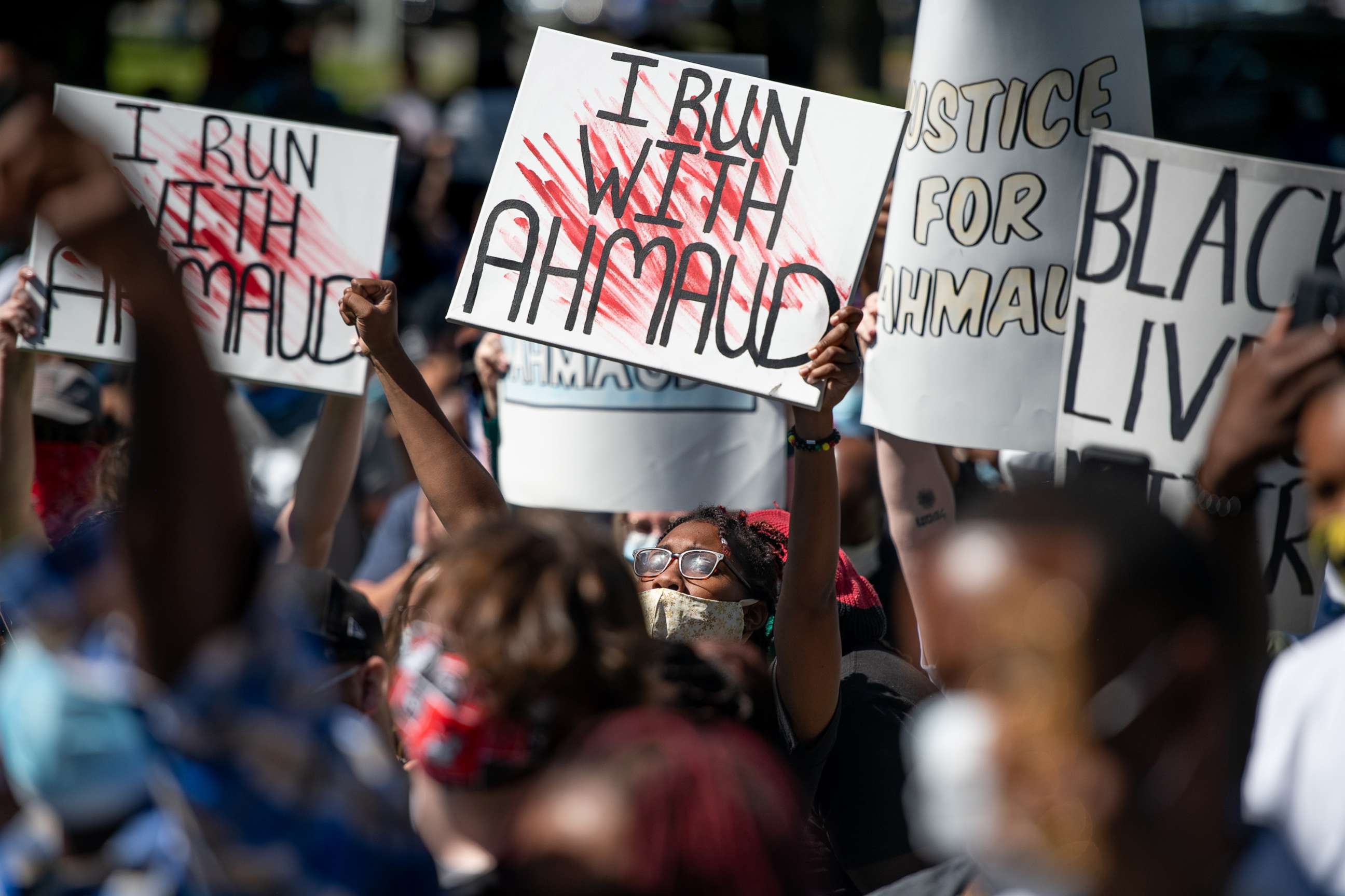 PHOTO: Demonstrators protest the shooting death of Ahmaud Arbery at the Glynn County Courthouse, May 8, 2020, in Brunswick, Ga.