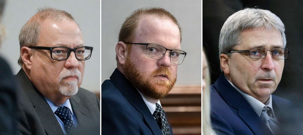 PHOTO: Defendants Gregory McMichael, Travis McMichael and William Bryan look on during their trial at the Glynn County Courthouse, in Brunswick, Ga., in November 2021.